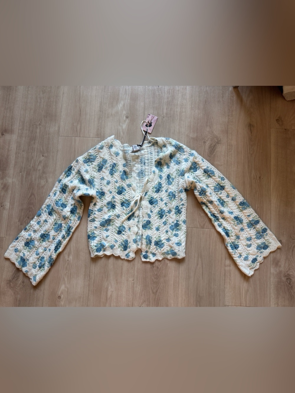 Marshalls Cream Open-Knit Cardigan with Blue Floral Accents